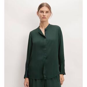 Everlane The Hammered Satin Popover Shirt Size 10 Scarab Long Sleeve Blouse